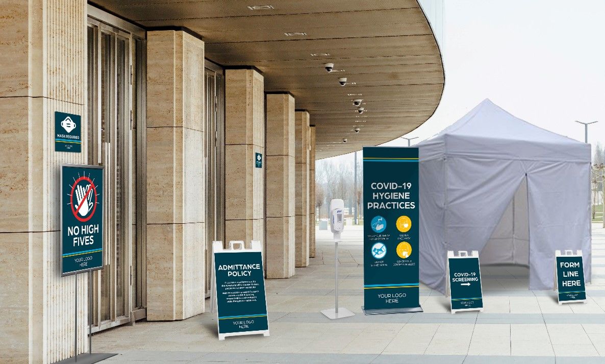 outdoor standing COVID-19 banner and a-frame signs